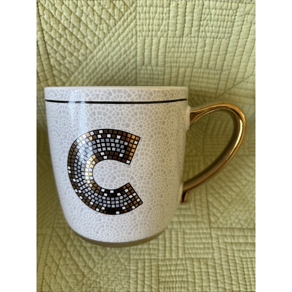 DesignPac Monogram C Mug 20 oz Mosaic Gold Handle White Coffee Tea Cup Soup